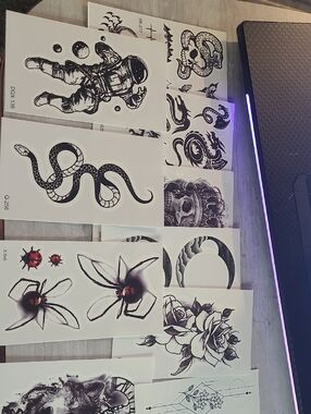 10 Black Temporary Tattoo Sheet Set — Space, Snake, Skull & Floral Designs